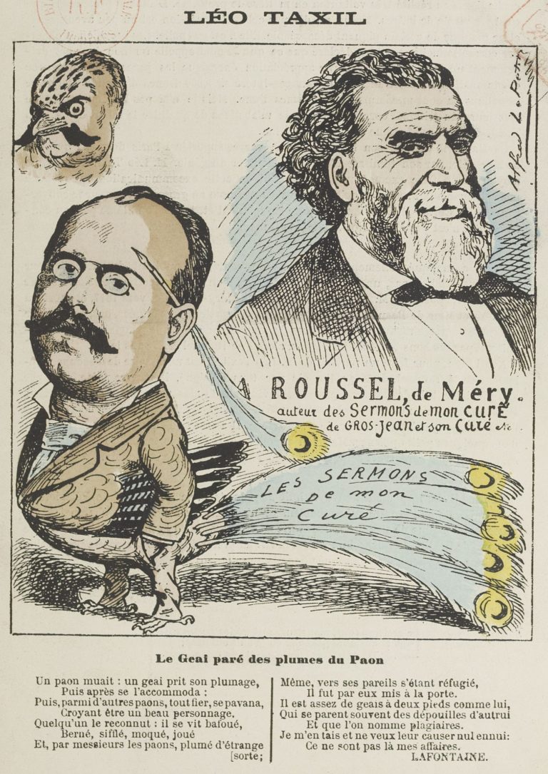 Le Geai Paré des Plumes du Paon de Jean de La Fontaine dans Les Fables - Illustration satirique de Alfred Le Petit - Léo Taxil et Roussel, de Méry - Les Contemporains - 1880