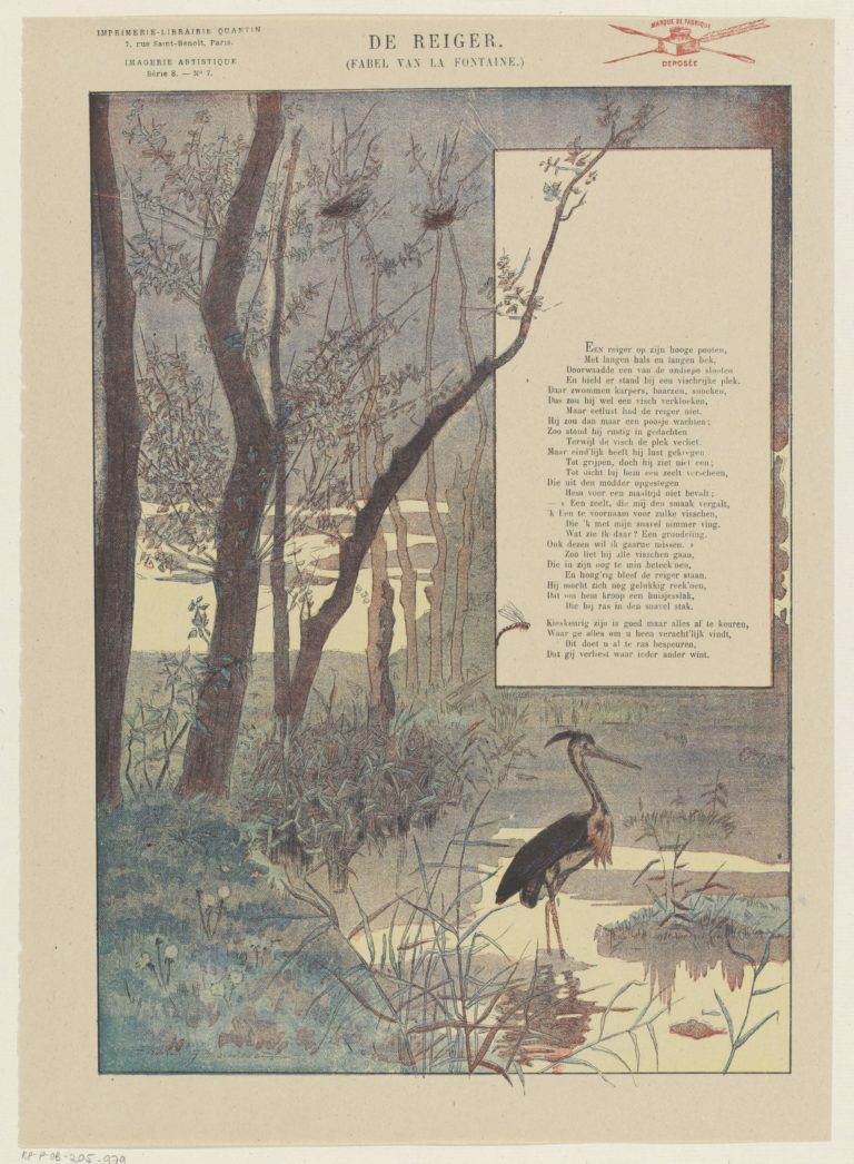 Le Héron de Jean de La Fontaine dans Les Fables -Traduit en néerlandais - Illustration de Gaston Félibert - 1890
