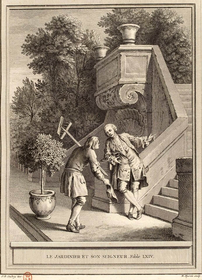 Le Jardinier et Son Seigneur de Jean de La Fontaine dans Les Fables - Gravure par Martin Marvie d'après un dessin de Jean-Baptiste Oudry - 1759