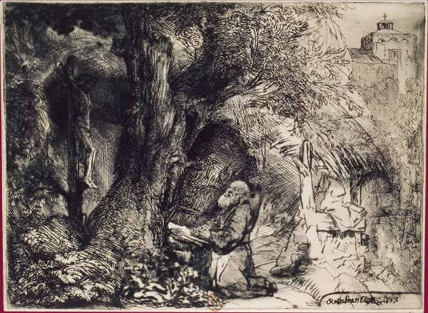 À Mademoiselle Louise B. de Victor Hugo dans Les Contemplations - Estampe de Rembrandt - Saint François sous un arbre priant - 1657