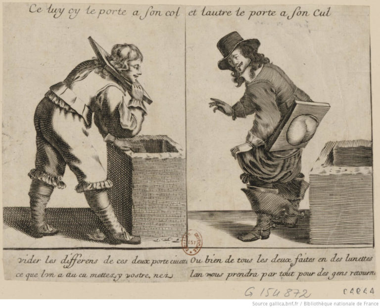 Accroupissements de Arthur Rimbaud dans Poésies Complètes - Estampe facétieuse - Deux hommes dans un lieux d'aisance - 18ème siècle