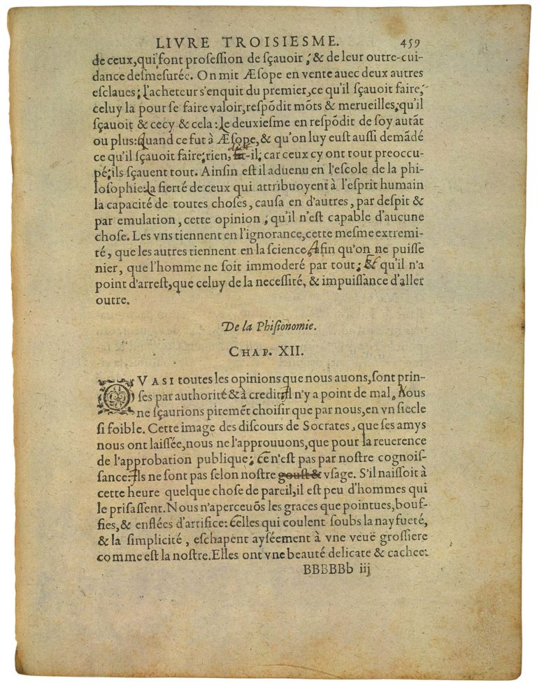 De La Phisionomie de Michel de Montaigne - Essais - Livre 3 Chapitre 12 - Édition de Bordeaux - 001