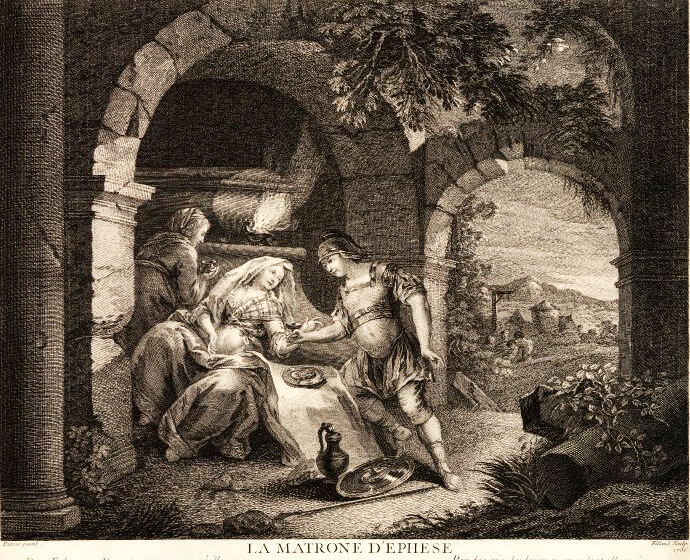 La Matrone d’Éphèse de Jean de La Fontaine dans Les Fables - Gravure de Pierre Filloeul - 1736