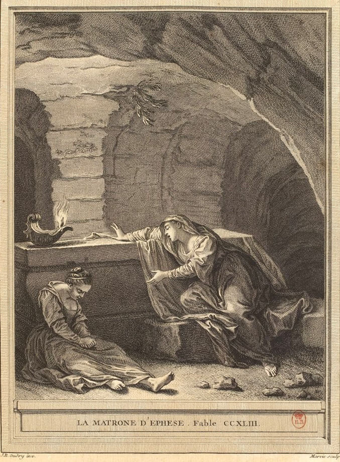 La Matrone d’Éphèse de Jean de La Fontaine dans Les Fables - Gravure par Martin Marvie d'après un dessin de Jean-Baptiste Oudry - 1759