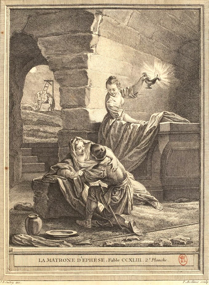 La Matrone d’Éphèse de Jean de La Fontaine dans Les Fables - Gravure par Pierre-Alexandre Aveline d'après un dessin de Jean-Baptiste Oudry - 1759