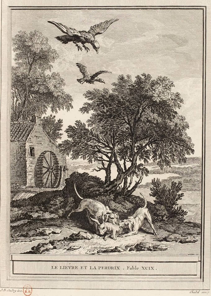 Le Lièvre et La Perdrix de Jean de La Fontaine dans Les Fables - Gravure par Pierre Quentin Chedel d'après un dessin de Jean-Baptiste Oudry - 1759