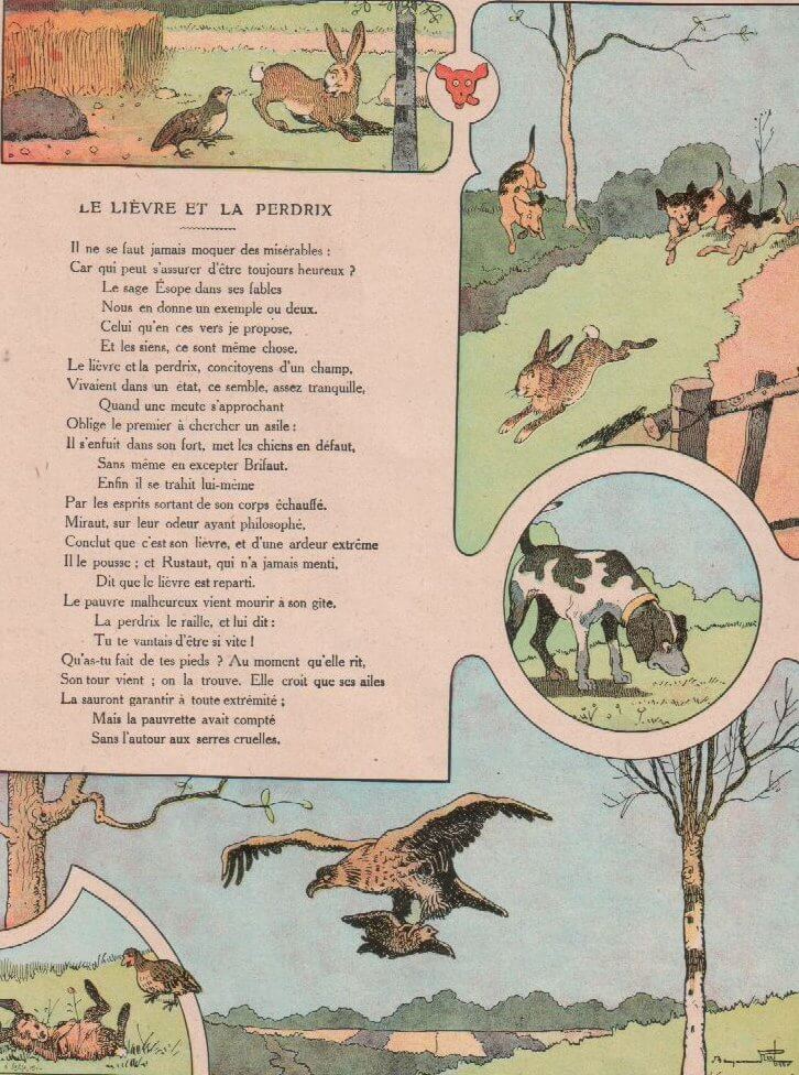 Le Lièvre et La Perdrix de Jean de La Fontaine dans Les Fables - Illustration de Benjamin Rabier - 1906