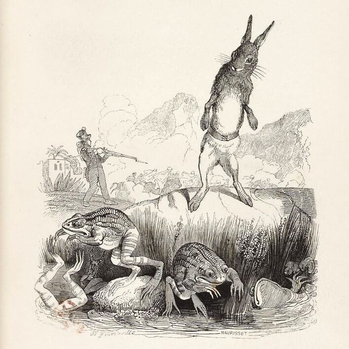 Le Lièvre et Les Grenouilles de Jean de La Fontaine dans Les Fables - Illustration de Grandville - 1840