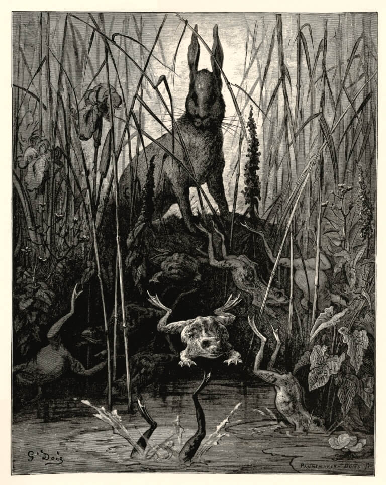 Le Lièvre et Les Grenouilles de Jean de La Fontaine dans Les Fables - Illustration de Gustave Doré - 1876