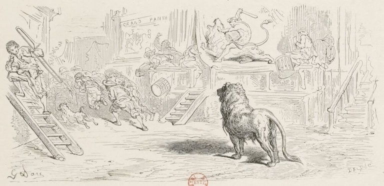 Le Lion Abattu par l'Homme de Jean de La Fontaine dans Les Fables - Estampe de Gustave Doré - 1876