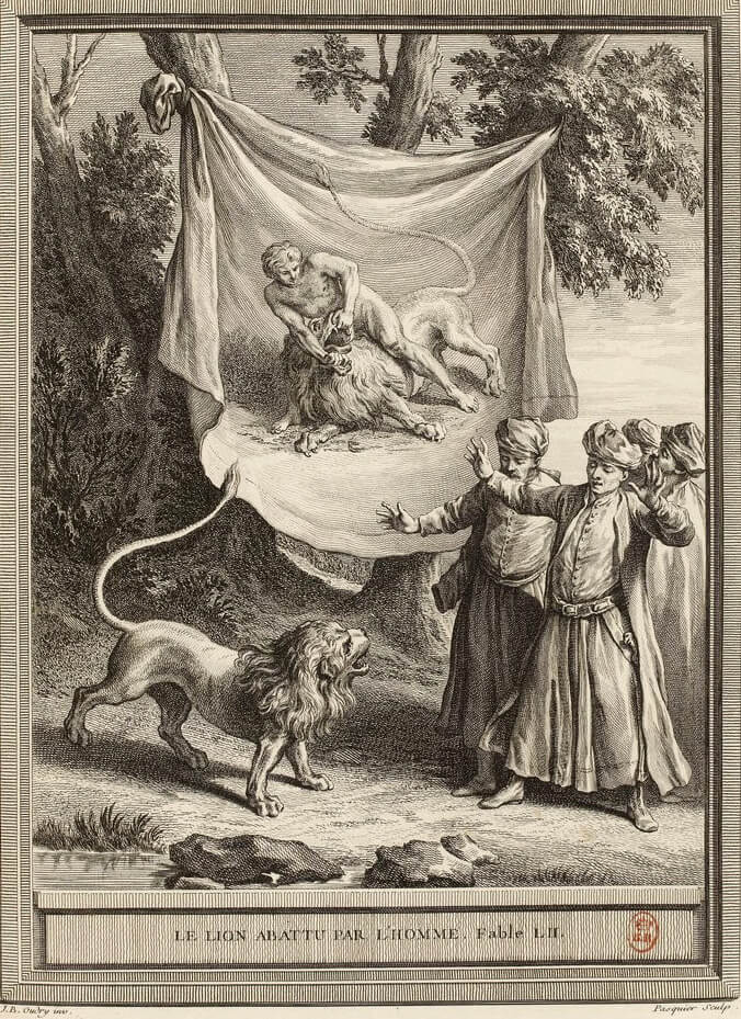 Le Lion Abattu par l'Homme de Jean de La Fontaine dans Les Fables - Gravure par Jacques Jean Pasquier d'après un dessin de Jean-Baptiste Oudry - 1759