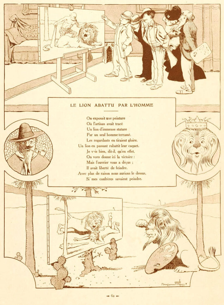 Le Lion Abattu par l'Homme de Jean de La Fontaine dans Les Fables - Illustration de Benjamin Rabier - 1906