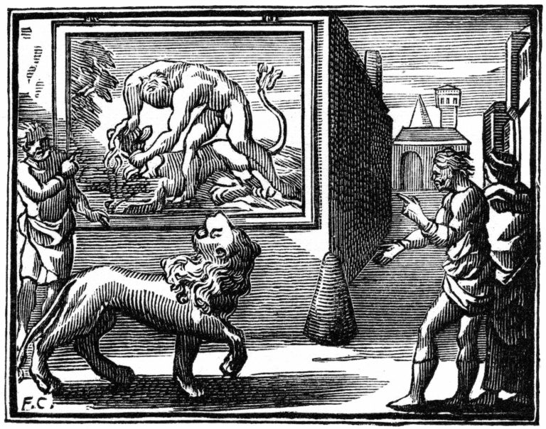 Le Lion Abattu par l'Homme de Jean de La Fontaine dans Les Fables - Illustration de François Chauveau - 1688