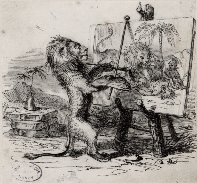 Le Lion Abattu par l'Homme de Jean de La Fontaine dans Les Fables - Illustration de Grandville - 1840 - Bibliothèque de Nancy