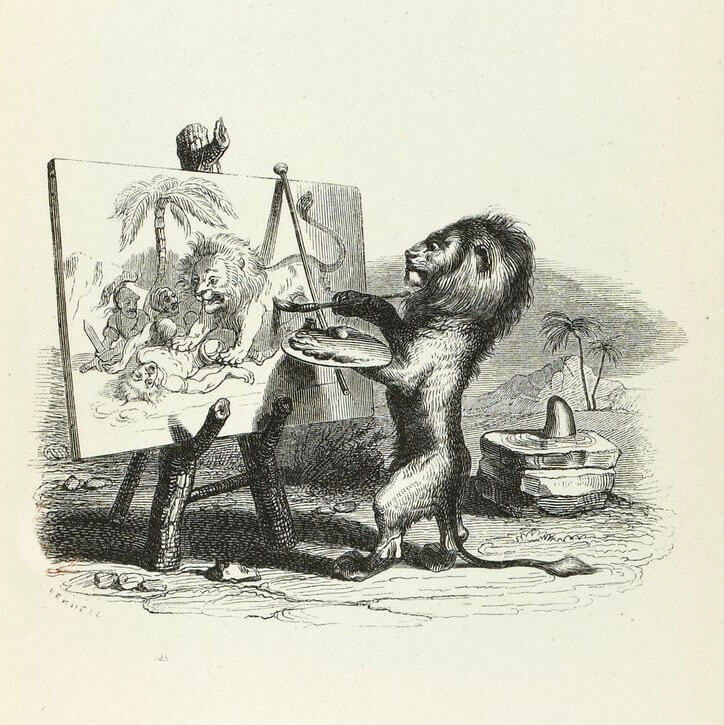 Le Lion Abattu par l'Homme de Jean de La Fontaine dans Les Fables - Illustration de Grandville - 1840