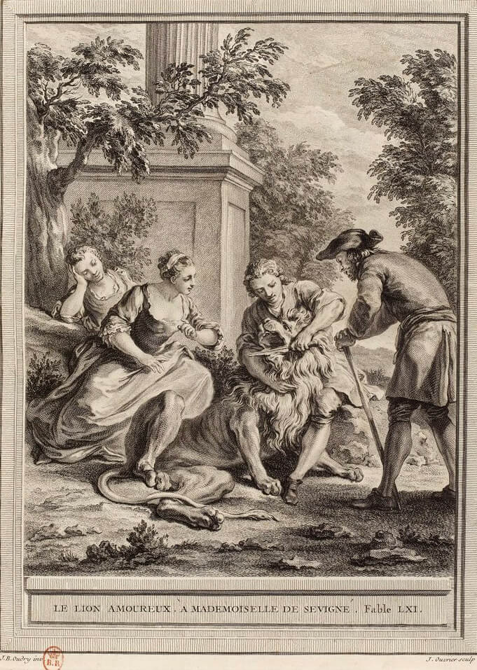Le Lion Amoureux de Jean de La Fontaine dans Les Fables - Gravure par Jean Ouvrier d'après un dessin de Jean-Baptiste Oudry - 1759
