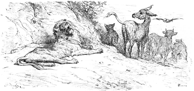Le Lion Devenu Vieux de Jean de La Fontaine dans Les Fables - Gravure de Gustave Doré - 1876