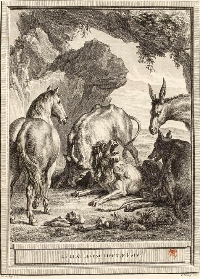 Le Lion Devenu Vieux de Jean de La Fontaine dans Les Fables - Gravure par Jean-Charles Baquoy d'après un dessin de Jean-Baptiste Oudry - 1759