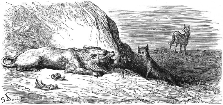 Le Lion, Le Loup et Le Renard de Jean de La Fontaine dans Les Fables - Gravure de Gustave Doré - 1876