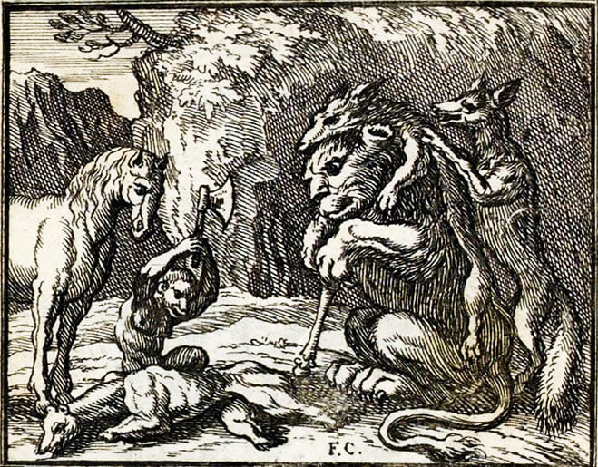 Le Lion, Le Loup et Le Renard de Jean de La Fontaine dans Les Fables - Illustration de François Chauveau - 1688