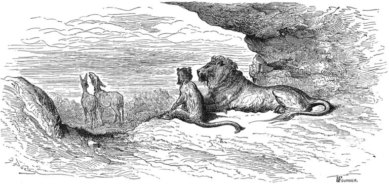Le Lion, Le Singe et Les Deux Ânes de Jean de La Fontaine dans Les Fables - Gravure de Gustave Doré - 1876