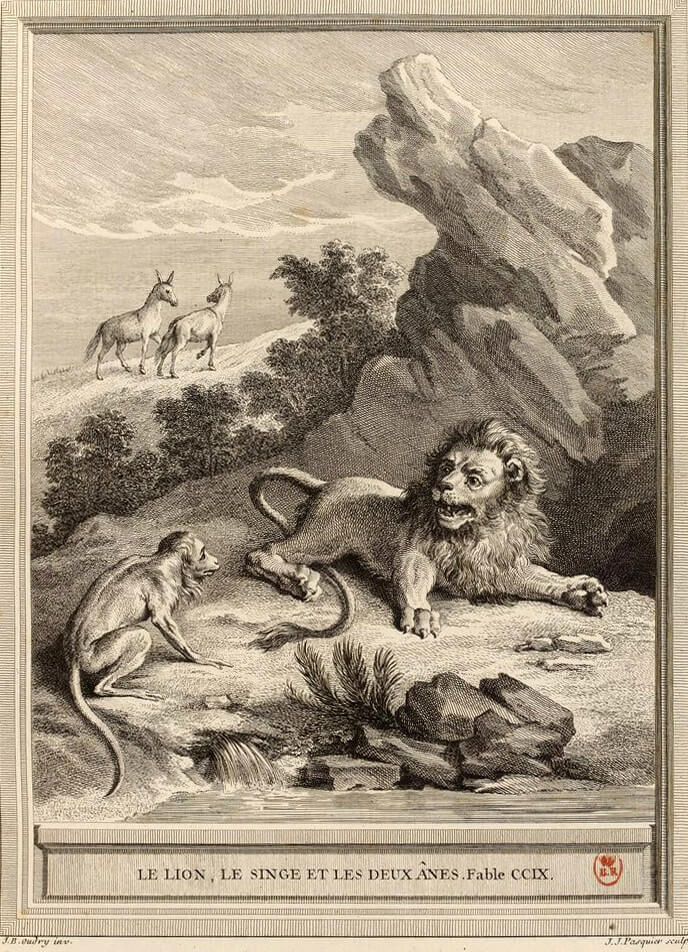 Le Lion, Le Singe et Les Deux Ânes de Jean de La Fontaine dans Les Fables - Gravure par Jacques Jean Pasquier d'après un dessin de Jean-Baptiste Oudry - 1759