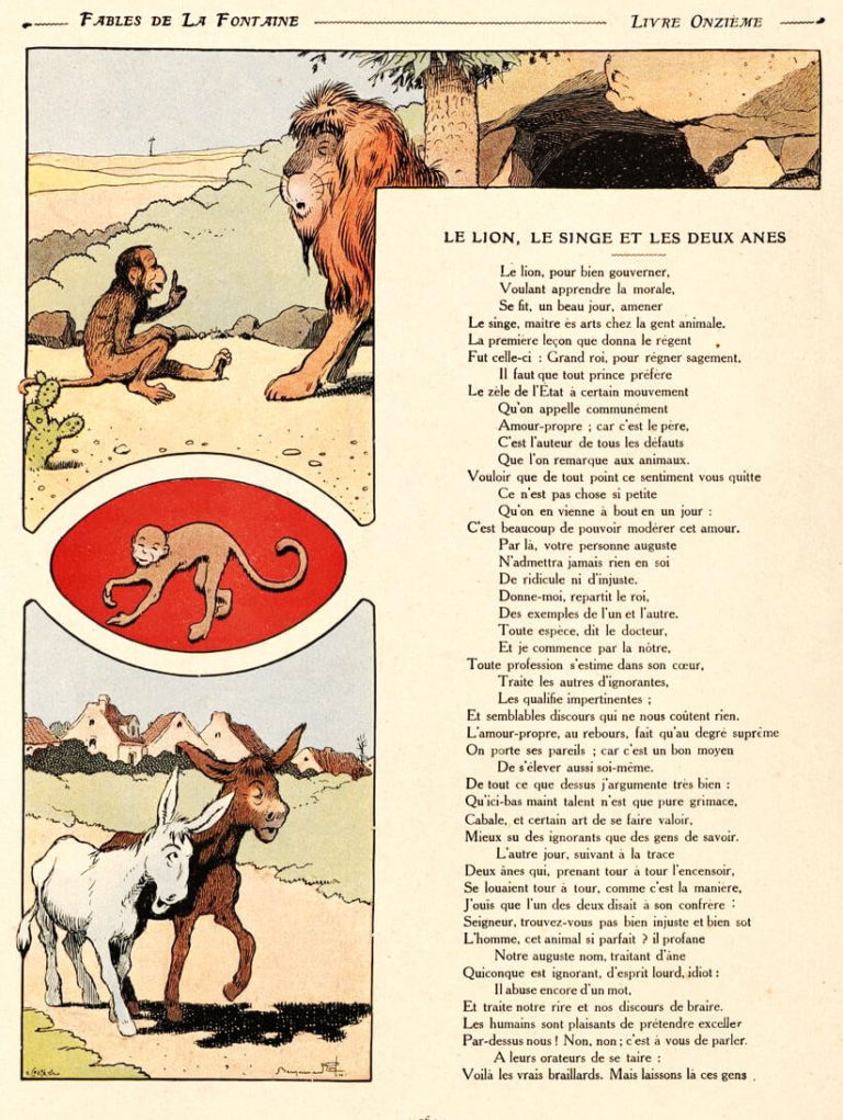 Le Lion, Le Singe et Les Deux Ânes de Jean de La Fontaine dans Les Fables - Illustration de Benjamin Rabier - 1 sur 2 - 1906