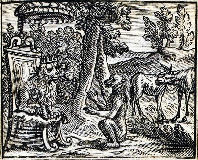 Le Lion, Le Singe et Les Deux Ânes de Jean de La Fontaine dans Les Fables - Illustration de François Chauveau - 1688