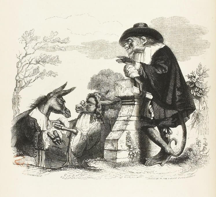 Le Lion, Le Singe et Les Deux Ânes de Jean de La Fontaine dans Les Fables - Illustration de Grandville - 1840