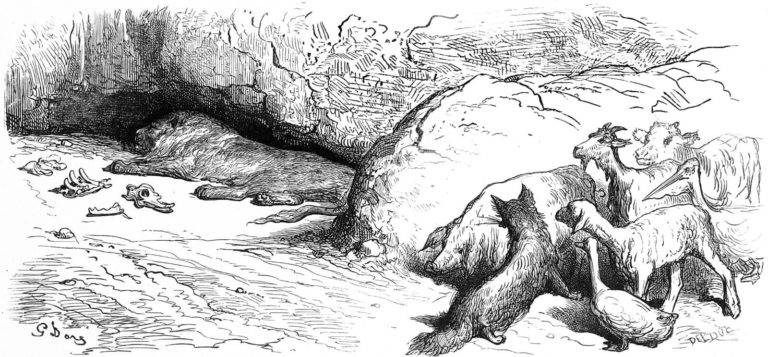 Le Lion Malade et Le Renard de Jean de La Fontaine dans Les Fables - Gravure de Gustave Doré - 1876