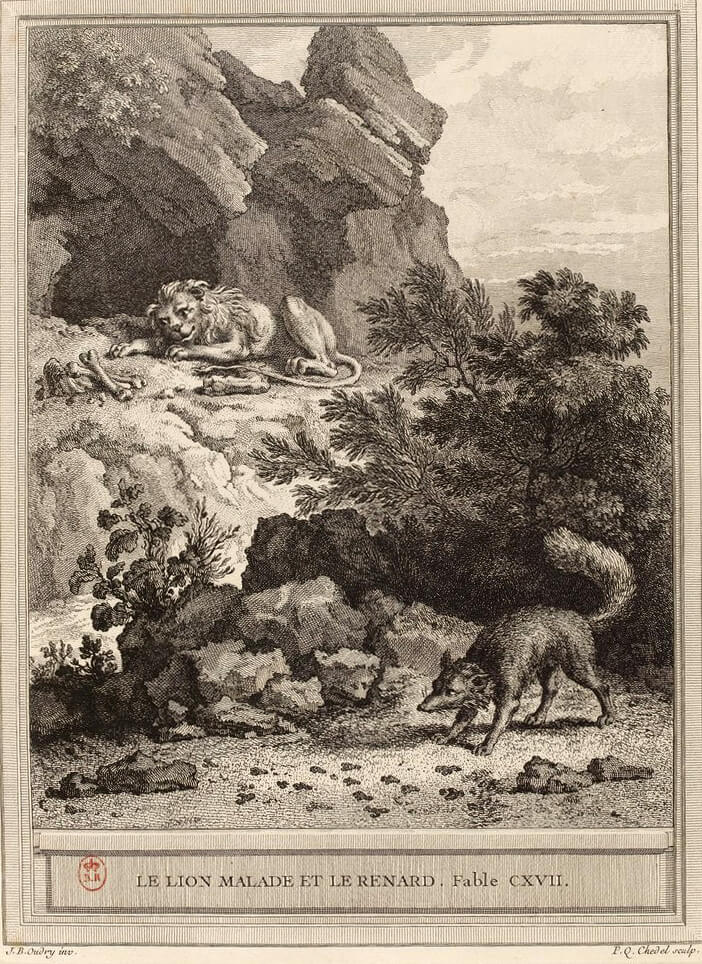 Le Lion Malade et Le Renard de Jean de La Fontaine dans Les Fables - Gravure par Pierre Quentin Chedel d'après un dessin de Jean-Baptiste Oudry - 1759