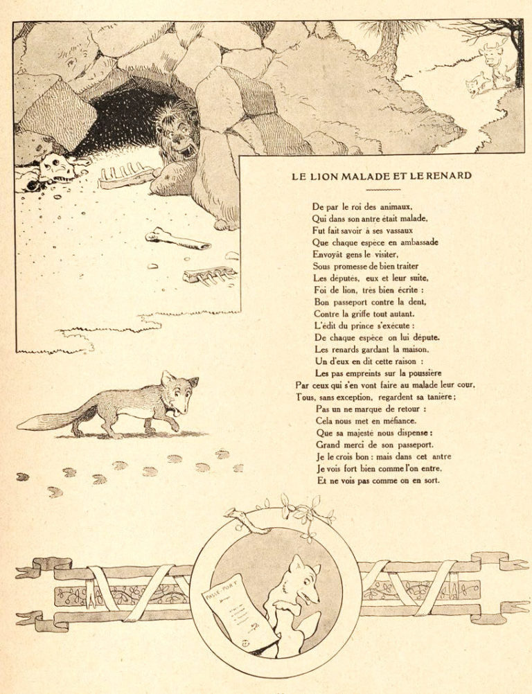 Le Lion Malade et Le Renard de Jean de La Fontaine dans Les Fables - Illustration de Benjamin Rabier - 1906