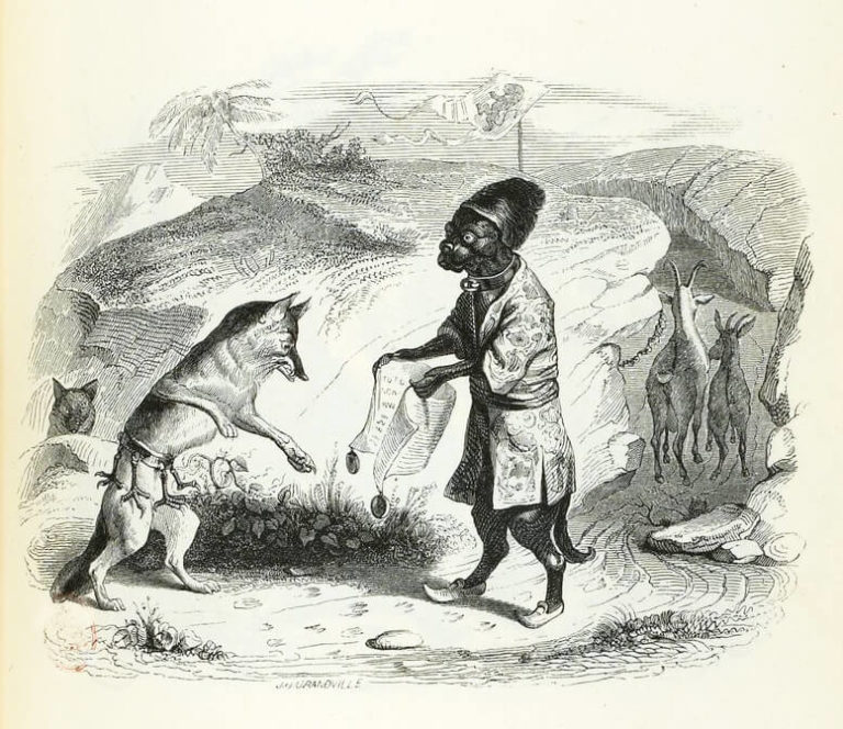 Le Lion Malade et Le Renard de Jean de La Fontaine dans Les Fables - Illustration de Grandville - 1840