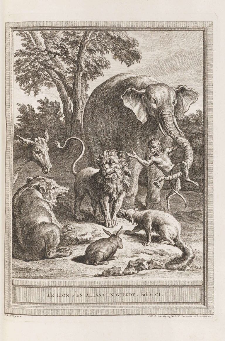 Le Lion S’en Allant En Guerre de Jean de La Fontaine dans Les Fables - Gravure par Charles-Nicolas Cochin d'après un dessin de Jean-Baptiste Oudry - 1759