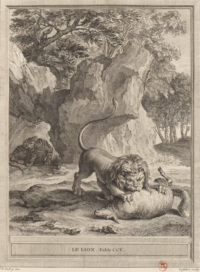 Le Lion de Jean de La Fontaine dans Les Fables - Gravure par A.-J. de Fehrt d'après un dessin de Jean-Baptiste Oudry - 1759