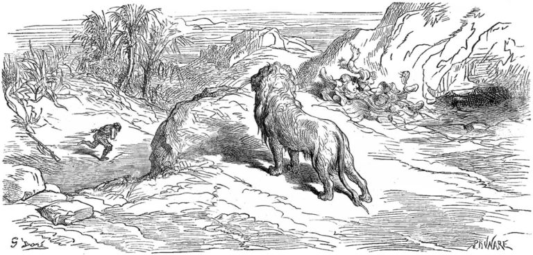 Le Lion et Le Chasseur de Jean de La Fontaine dans Les Fables - Gravure de Gustave Doré - 1876