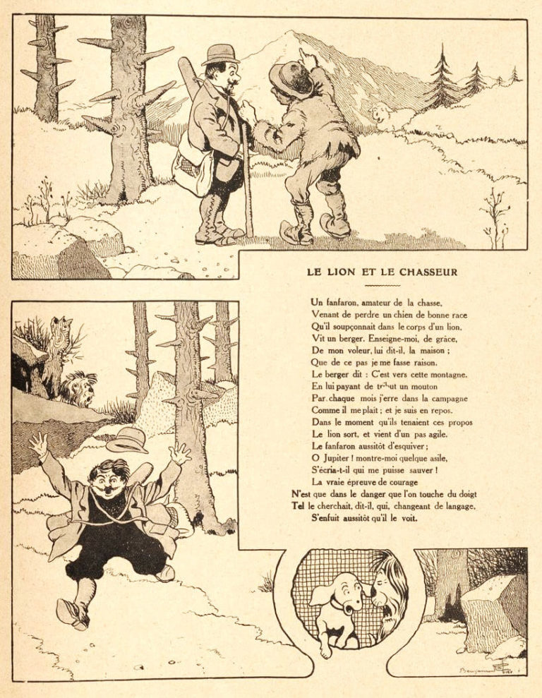 Le Lion et Le Chasseur de Jean de La Fontaine dans Les Fables - Illustration de Benjamin Rabier - 1906