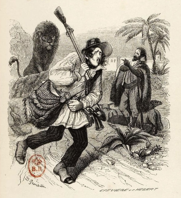 Le Lion et Le Chasseur de Jean de La Fontaine dans Les Fables - Illustration de Grandville - 1840