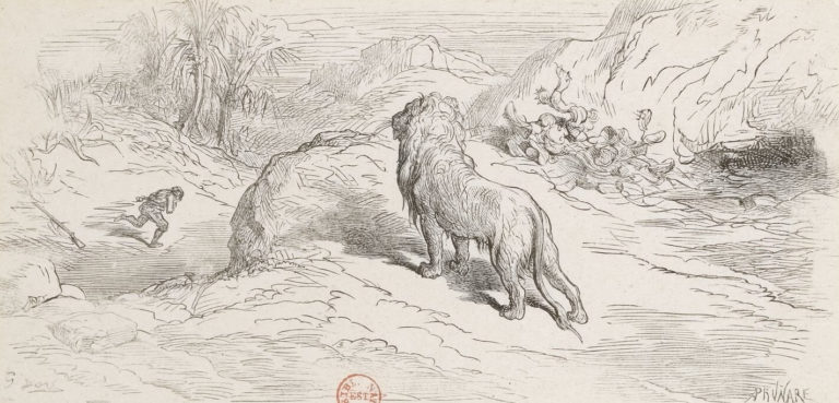 Le Lion et Le Chasseur de Jean de La Fontaine dans Les Fables - Illustration de Gustave Doré - 1876