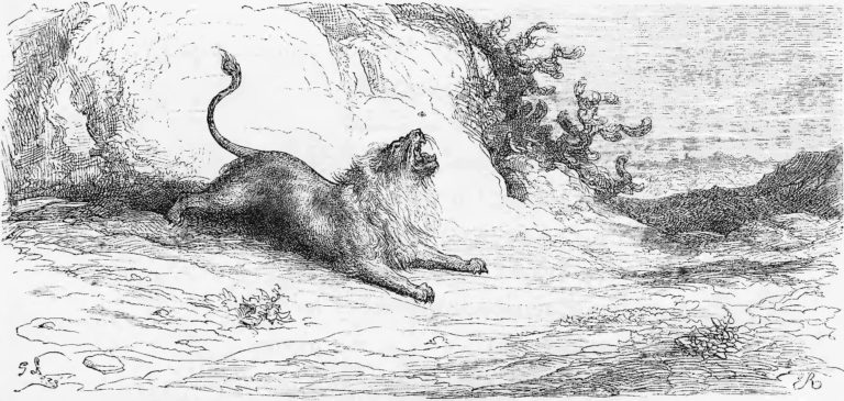 Le Lion et Le Moucheron de Jean de La Fontaine dans Les Fables - Gravure de Gustave Doré - 1876