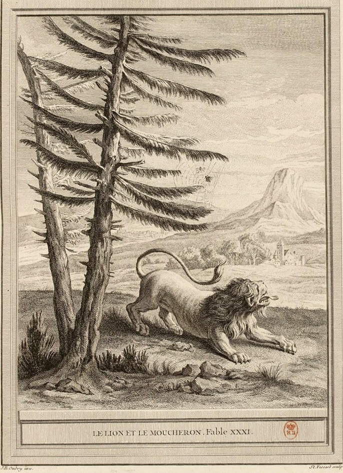 Le Lion et Le Moucheron de Jean de La Fontaine dans Les Fables - Gravure par Étienne Fessard d'après un dessin de Jean-Baptiste Oudry - 1759