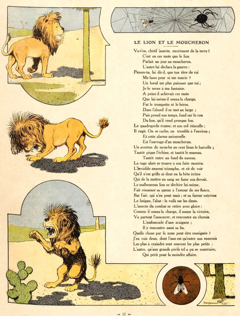 Le Lion et Le Moucheron de Jean de La Fontaine dans Les Fables - Illustration de Benjamin Rabier - 1906