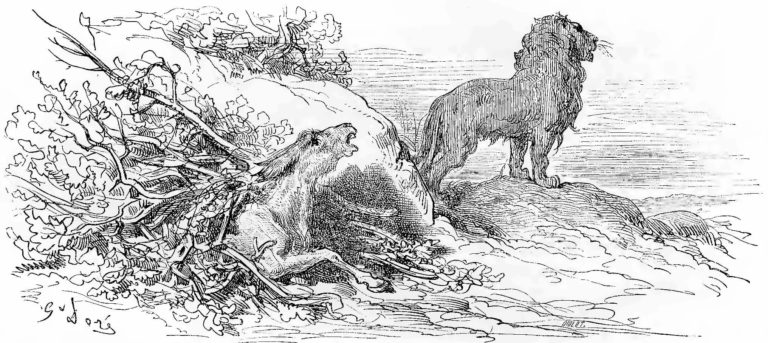 Le Lion et l’Âne Chassant de Jean de La Fontaine dans Les Fables - Gravure de Gustave Doré - 1876