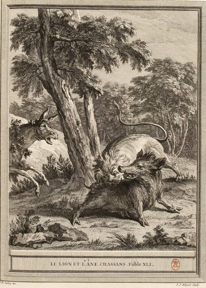 Le Lion et l’Âne Chassant de Jean de La Fontaine dans Les Fables - Gravure par Jean-Jacques Flipart d'après un dessin de Jean-Baptiste Oudry - 1759