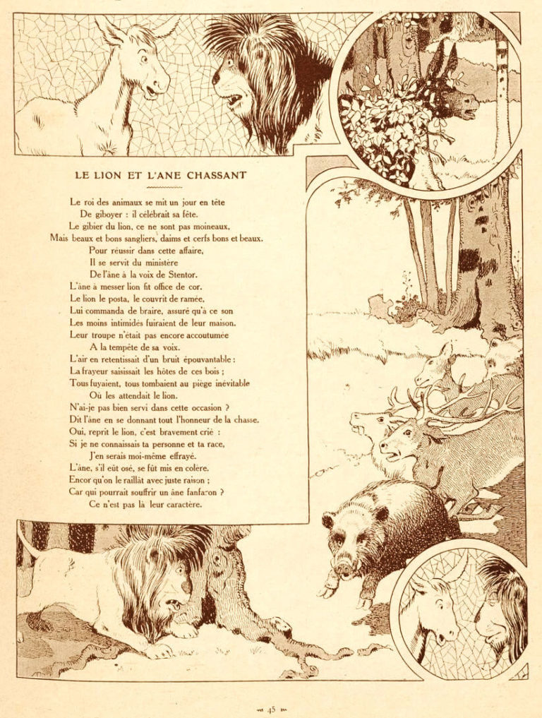 Le Lion et l’Âne Chassant de Jean de La Fontaine dans Les Fables - Illustration de Benjamin Rabier - 1906