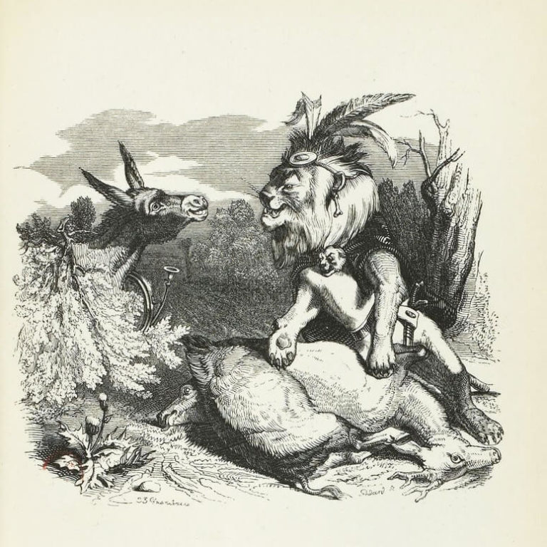 Le Lion et l’Âne Chassant de Jean de La Fontaine dans Les Fables - Illustration de Grandville - 1840