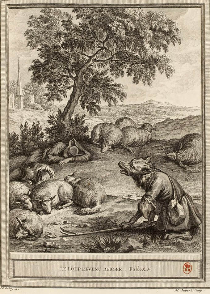 Le Loup Devenu Berger de Jean de La Fontaine dans Les Fables - Gravure par Michel Aubert d'après un dessin de Jean-Baptiste Oudry - 1759