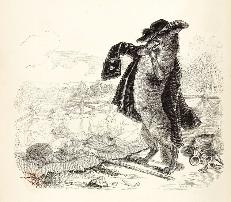 Le Loup Devenu Berger de Jean de La Fontaine dans Les Fables - Illustration de Grandville - 1840
