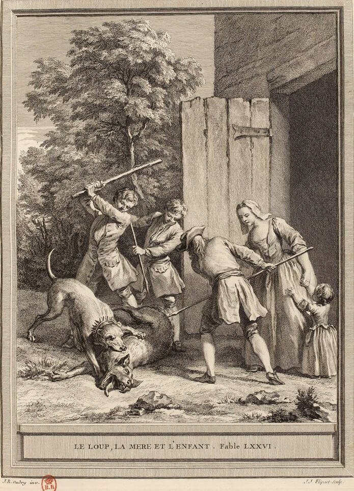 Le Loup, La Mère et l’Enfant de Jean de La Fontaine dans Les Fables - Gravure par Jean-Jacques Flipart d'après un dessin de Jean-Baptiste Oudry - 1759