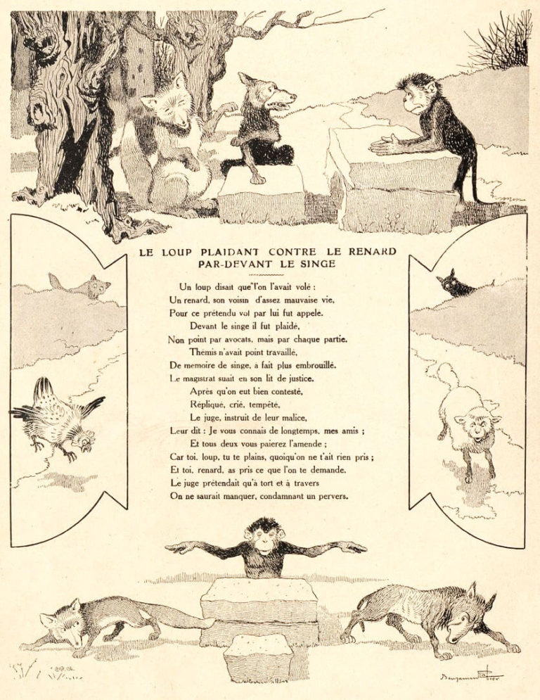 Le Loup Plaidant Contre Le Renard Par-devant Le Singe de Jean de La Fontaine dans Les Fables - Illustration de Benjamin Rabier - 1906